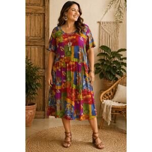 Carole Little Vintage Midi Dress Colorful SZ18W Short Sleeve Boho Plus Size